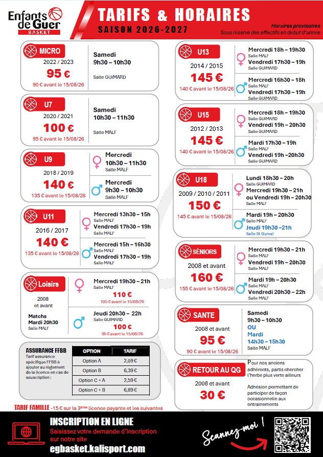Infos inscriptions SAISON 2026 - 2027